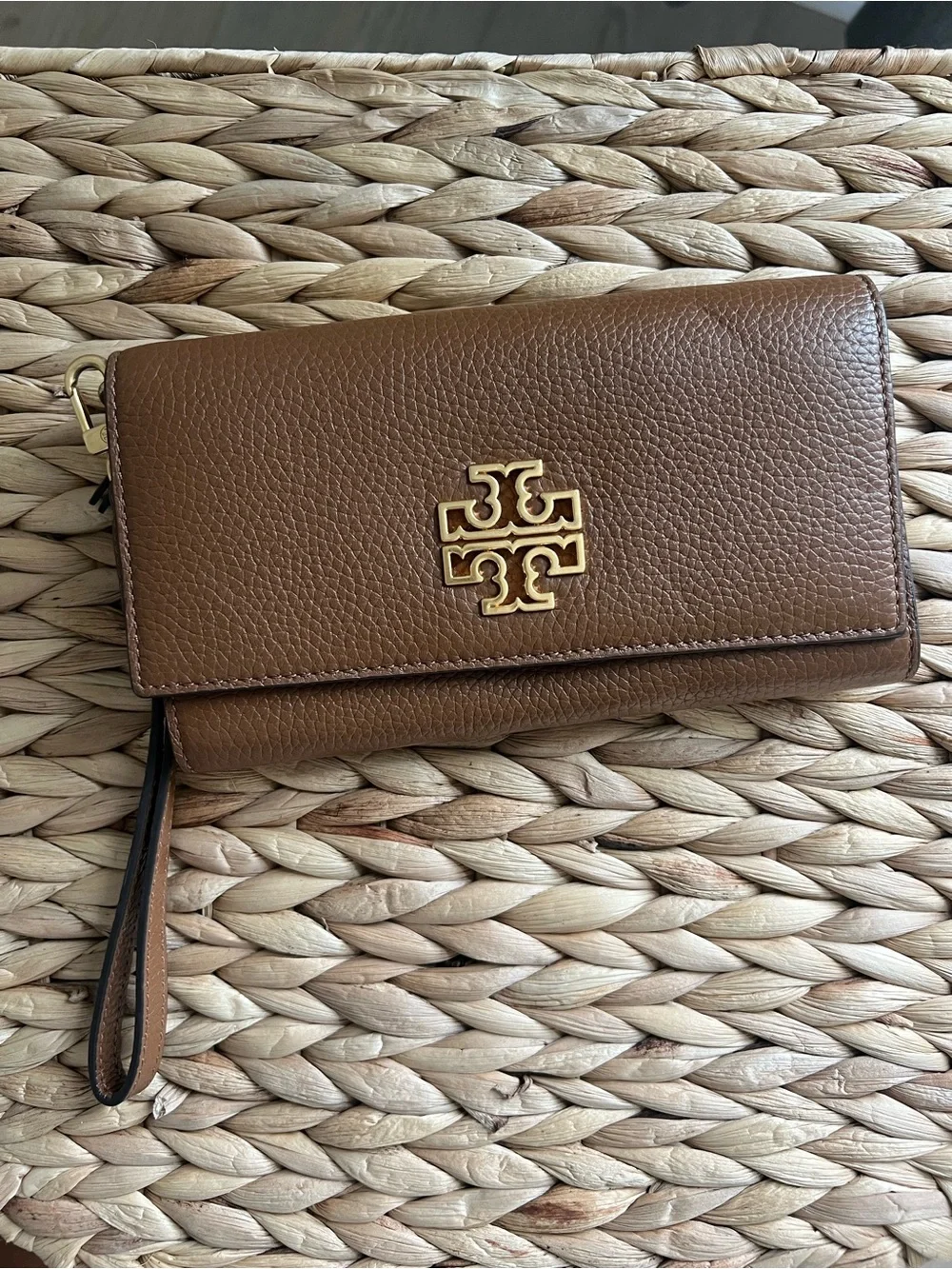 Tory Burch Tan Brown Pebbled Leather Wristlet with Gold Logo
